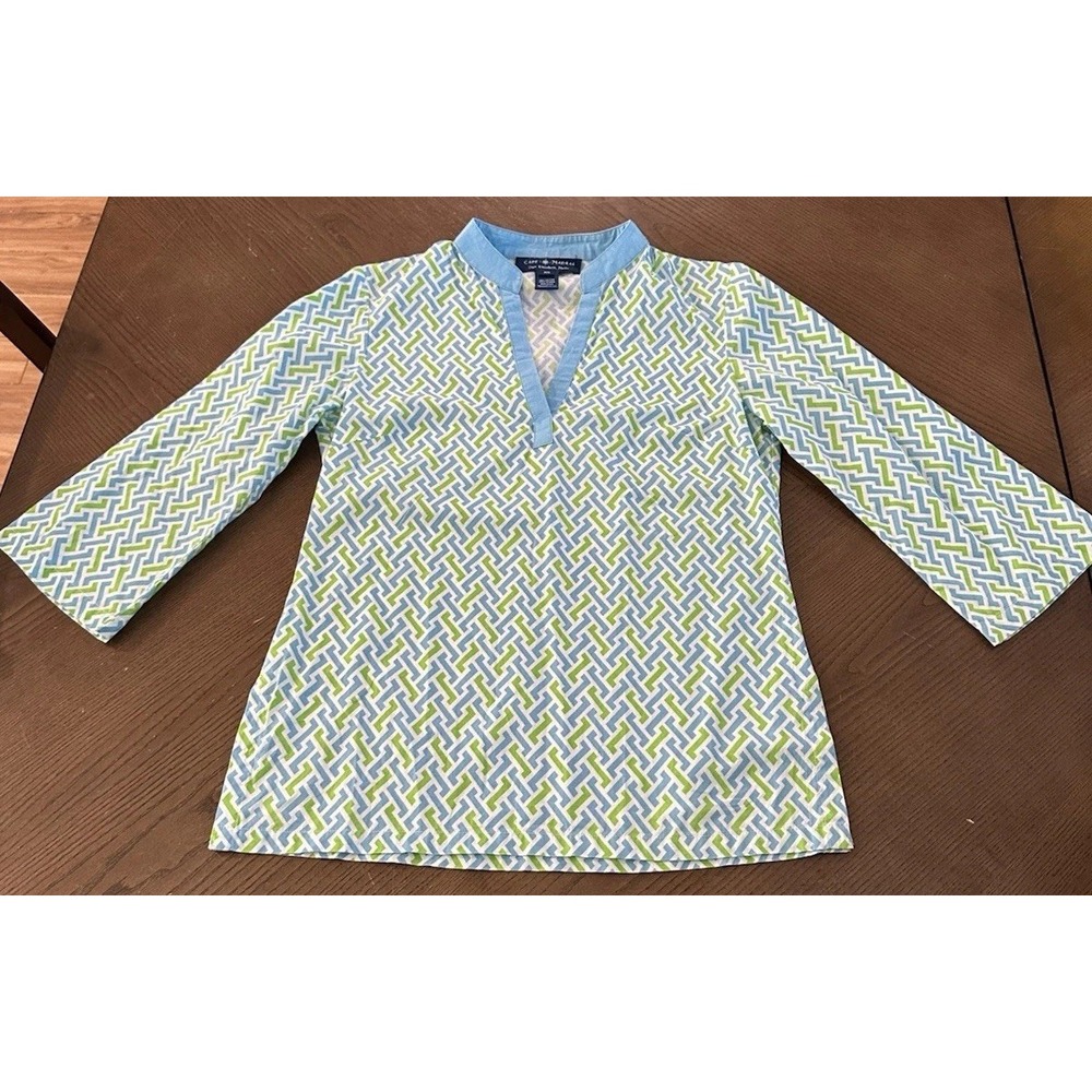 Cape Madras Cotton Blue & Green 3/4 Sleeve‎ Tunic Top XS Beach Cruise wear
